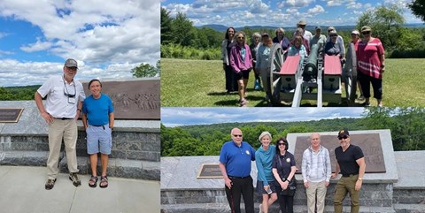 A collage of three photos of groups of people standing and smiling around the battlefield.