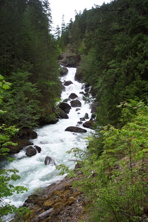 A rushing river tumbles over boulders.