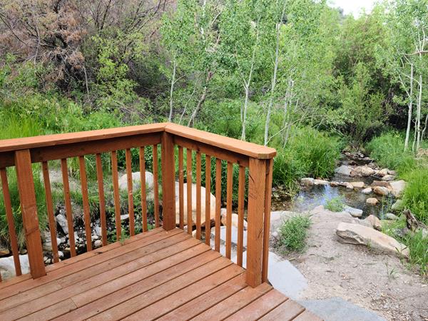 Wooden dock in front of a flowing, rocky creek flanked by green, lush banks of grass and aspens