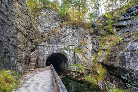 Stone-arched mouth of the Paw Paw Tunnel in a rock cut with a wooden boardwalk beside the water