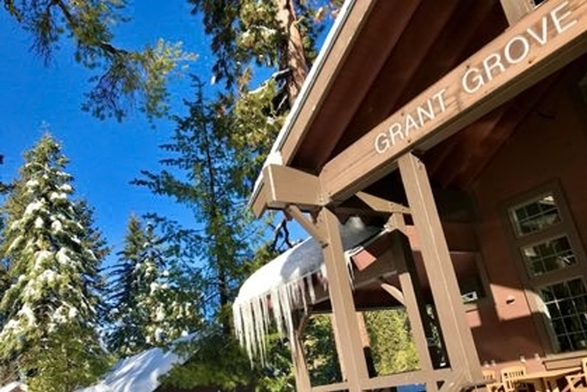 Icicles form on the wooden roof of the Grant Grove visitor center.