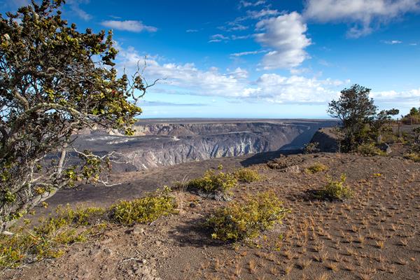 Exposed edge of a volcanic caldera with vegetation on the rim