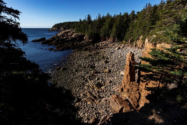 A rocky ocean seashore with trees and cliffs in the background.