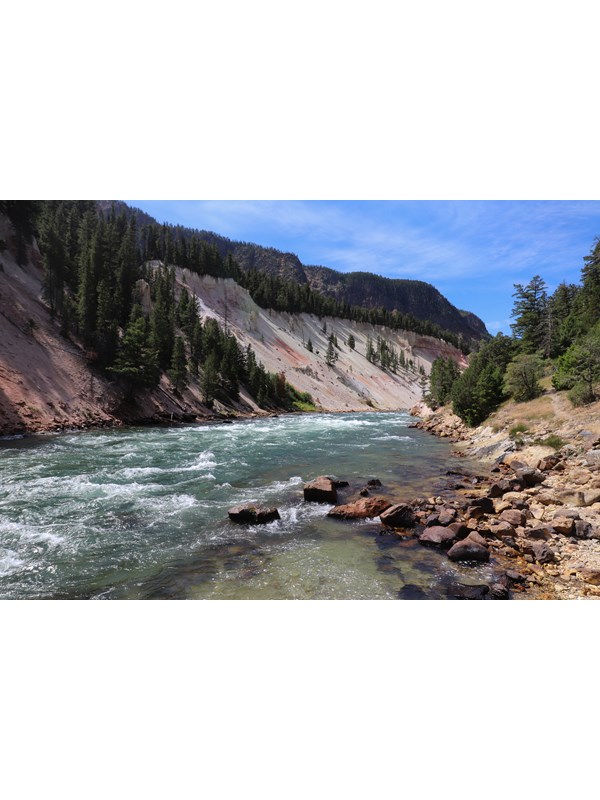 A river flows through a canyon with pale, sloping walls.