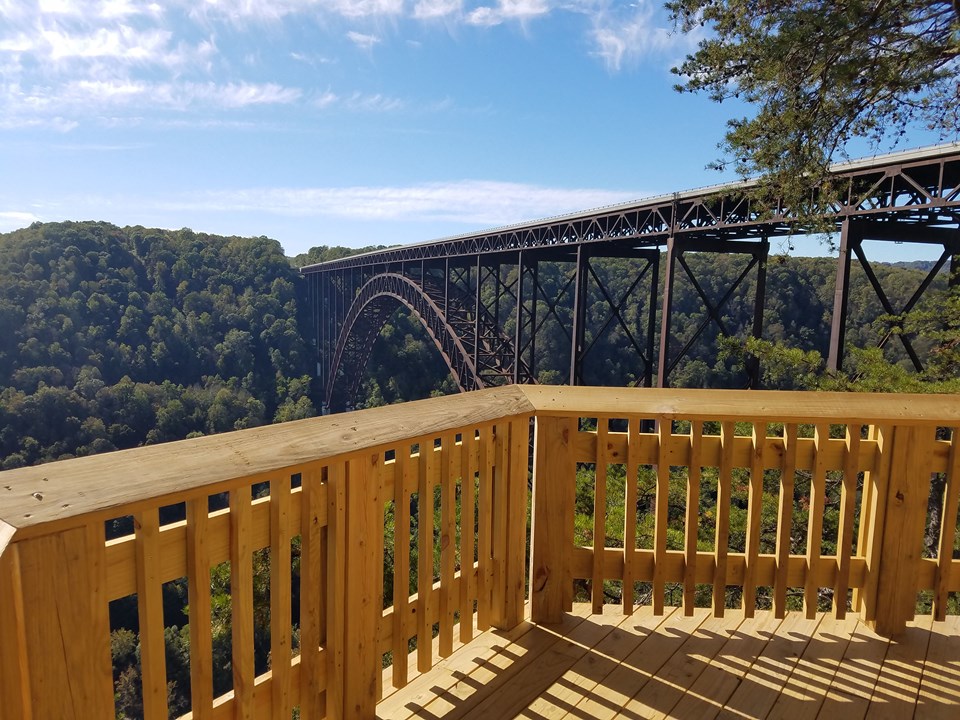 The boardwalk deck overlooking gorge and bridge