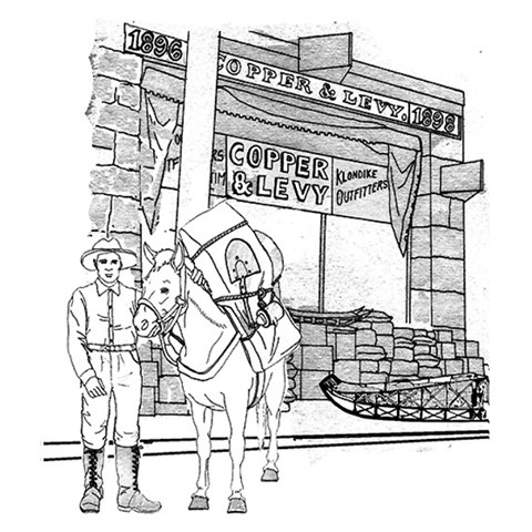 Illustration of a man and mule standing outside a wooden building.
