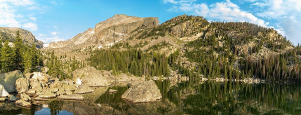 rocky mountains jutting over a lake