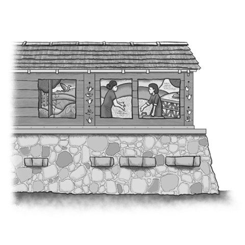 An illustration of two figures through the window of a stone and wood building.