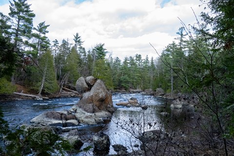 A 20ft conglomerate rock protrudes out of the East Branch of the Penobscot River.