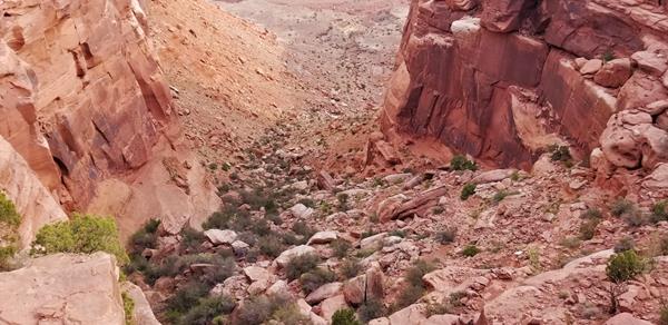 a primitive trail winds down a rocky, unmaintained wash