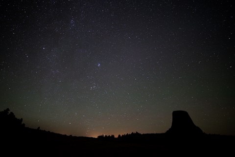 a dark night sky filled with stars with Devils Tower and trees silhouetted below