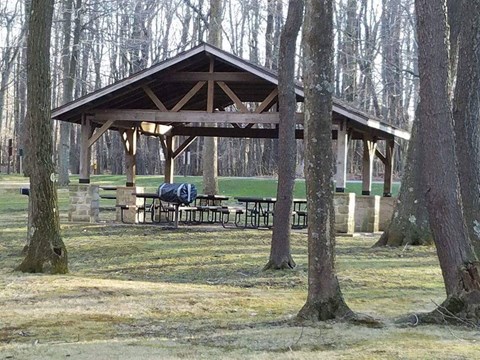 Picnic tables covered by a pavilion