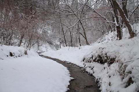 A small creek flows through a snowy landscape.
