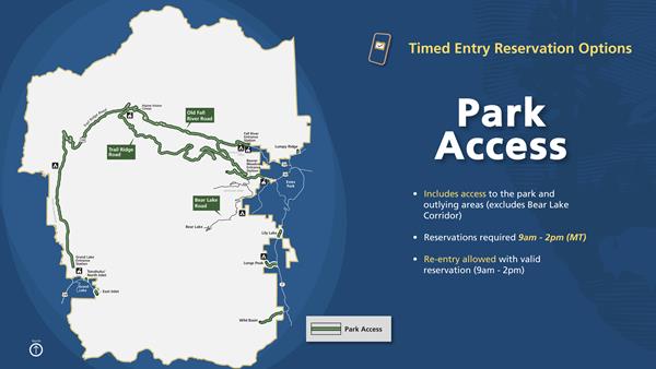 Infographic describing Park Access Timed Entry Permits with a map of RMNP
