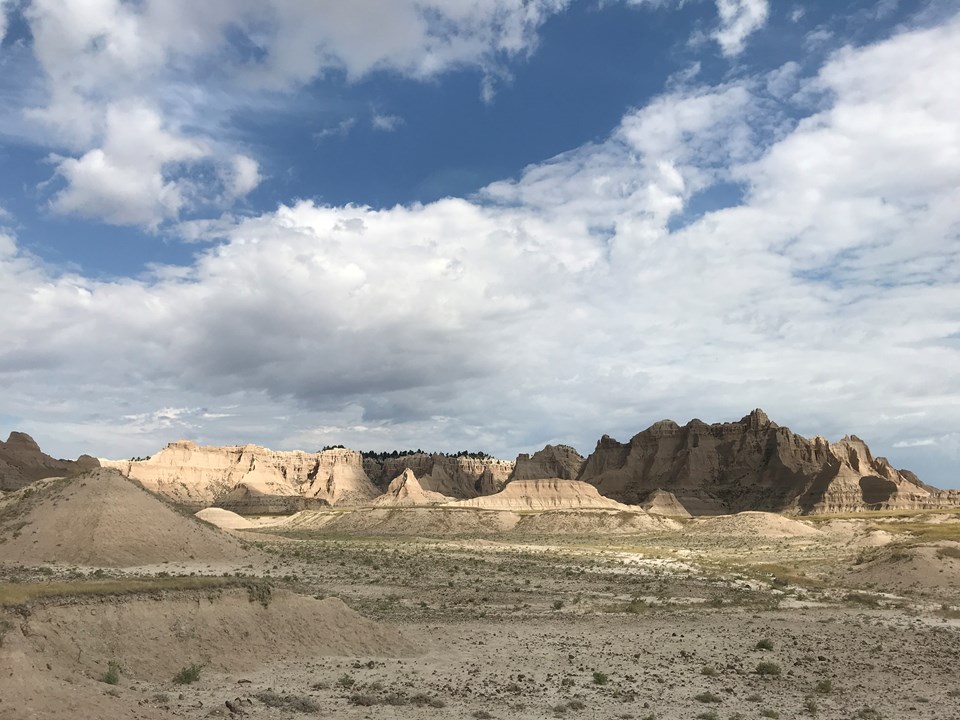 Relatively flat badlands and grasslands extend to a tall butte with pine trees atop under blue sky.