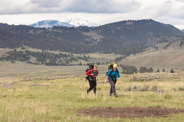 Two backpackers walk through a grassy meadow with mountains in the background.
