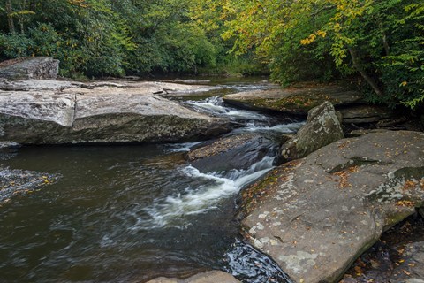 Water in a woodland creek weaves between boulders and down a small cascade