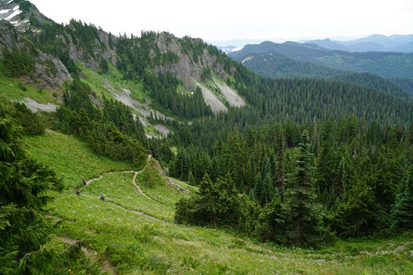 Several hikers along a trail traversing a steep meadow slope above forested valleys.