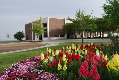 Colorful flowers in front of the Natchez Visitor Center