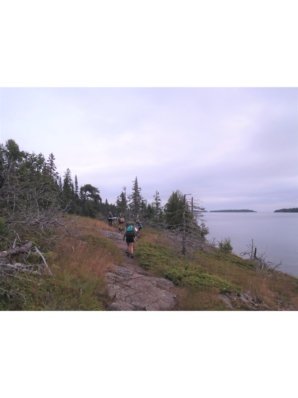 Four people walk on rocky trail towards a forest near a shoreline.