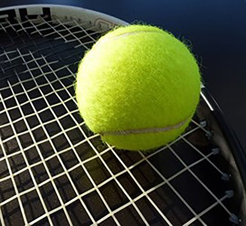 a yellow tennis ball rests on the head of a tennis racket
