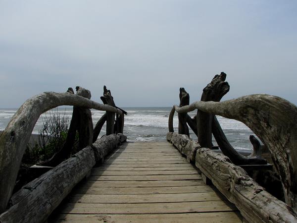 A wooden bridge with driftwood railings leads to a beach