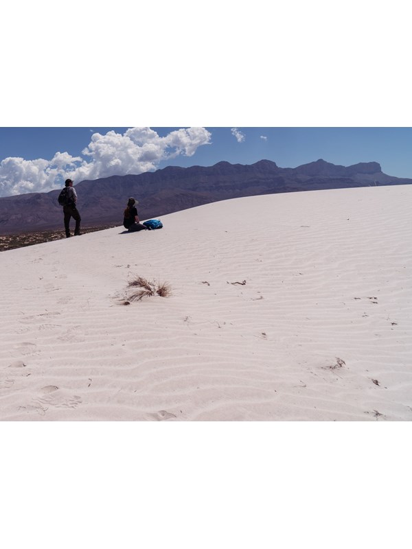 Two people stand on white sand dunes in front of a desert mountain range