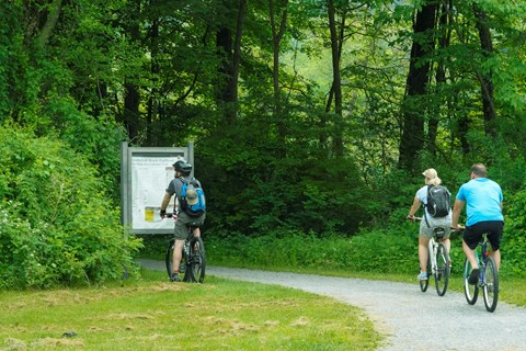 Three people bike onto the McDade Recreational Trail.