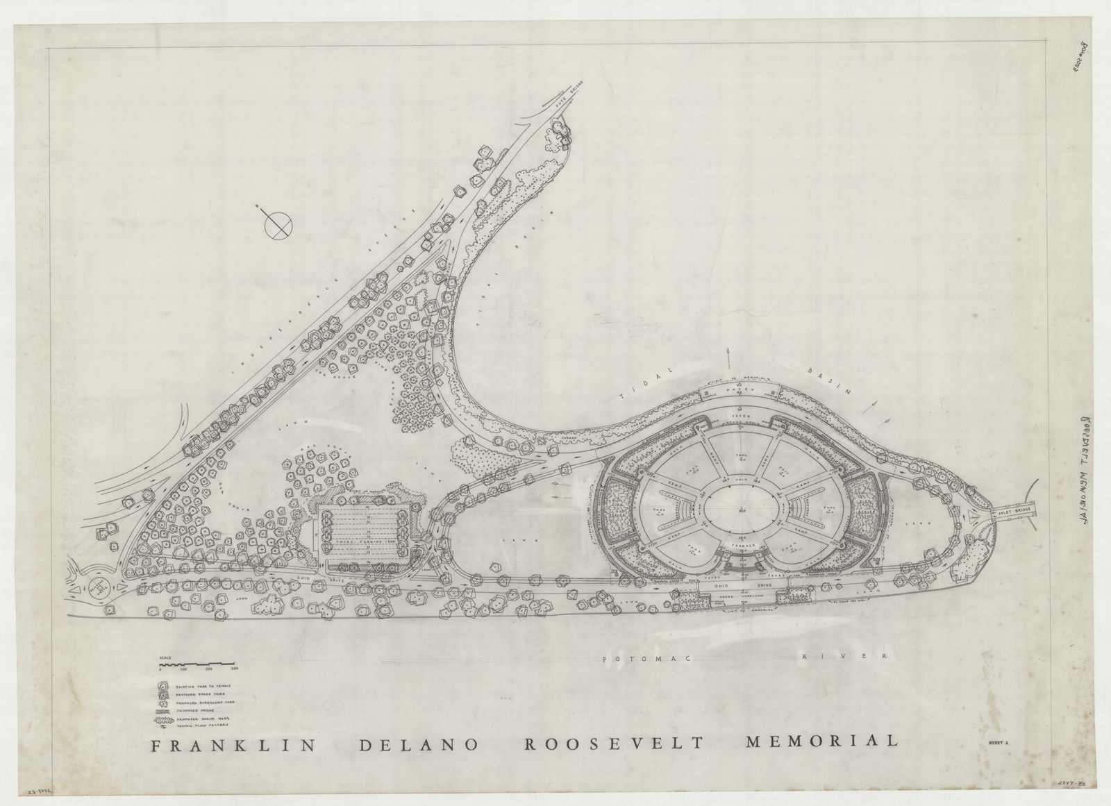 Pencil plan of landscape on water with trees around edge, some open space