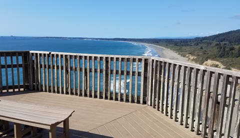 A wooden platform with handrails overlooks a blue ocean and sweeping beach.