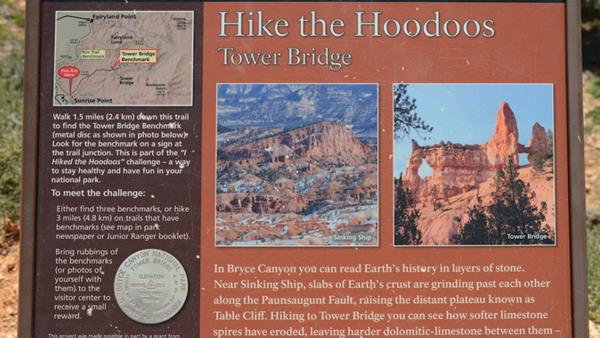 Wayside describing Hike the Hoodoos program, how to hike and claim your reward