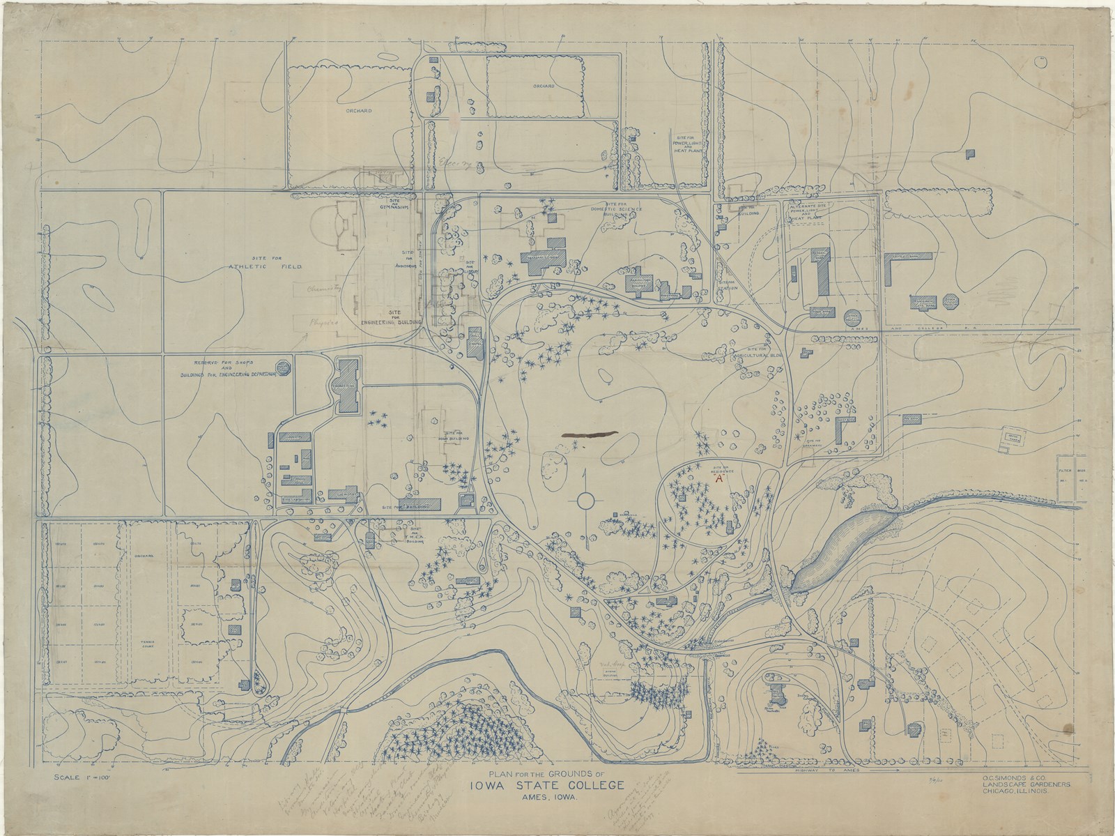 Campus plan with lots of paths, building around the paths, trees around paths, some open space