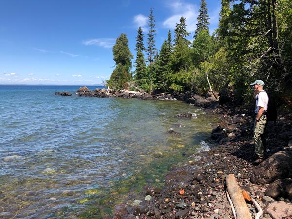 A person stands on a rocky beach next to a lake with a forest in the background.