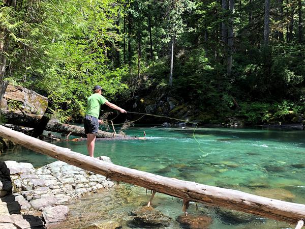 A man in a green shirt casts a flared over the bright waters of the Ohanapecosh River.