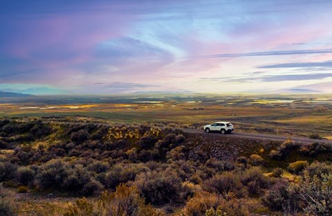 Sunset view of the Promontory Mountains and abandoned railroad grade from the East Auto Tour