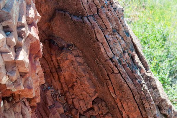 A piece of red rock with cracks angled down and to the right.