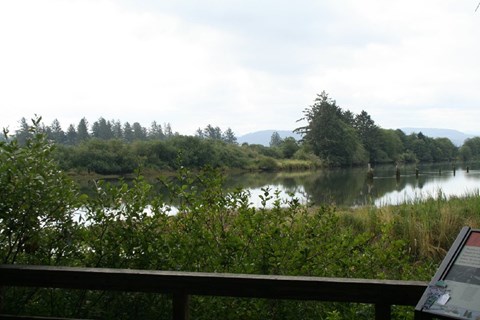 View of the Netul River from the Historic Canoe Landing with a section of a wayside in the corner