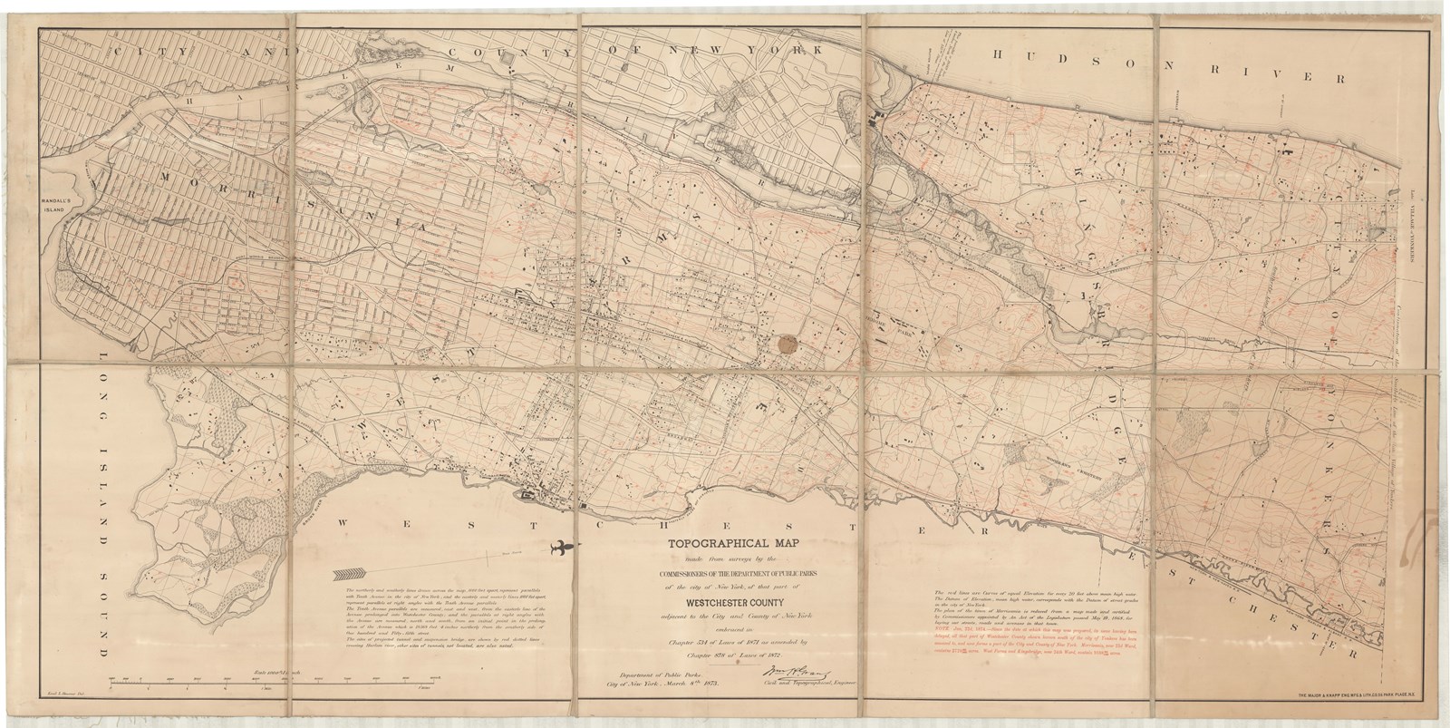 Pencil plan of city with straight lines for roads and red lines for topography