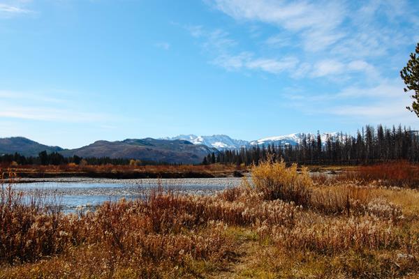 A river with mountains in the background.