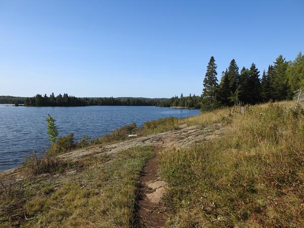 A trail by a small hill that leads to a lake. Forest in the distance.