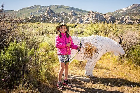 A girl with a bow stands in front of a 3d foam target of a mountain goat.