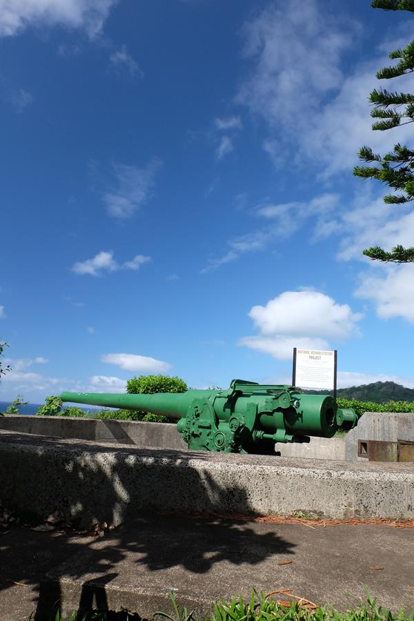 A green cannon sits on a concrete block pointing out toward the ocean in front of a cloudy blue sky.