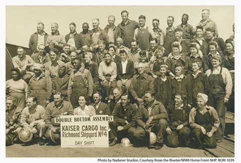 A large group of Richmond Shipyard Workers pose for a photo. Historic image.