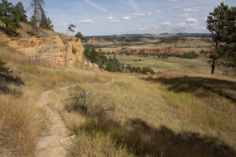 Path winding through prairie grass, with cliff face, red rocks, and pine trees in background.
