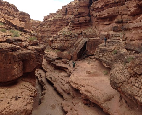 Two hikers descend steep lawyers of reddish brown rock on the wash trail.