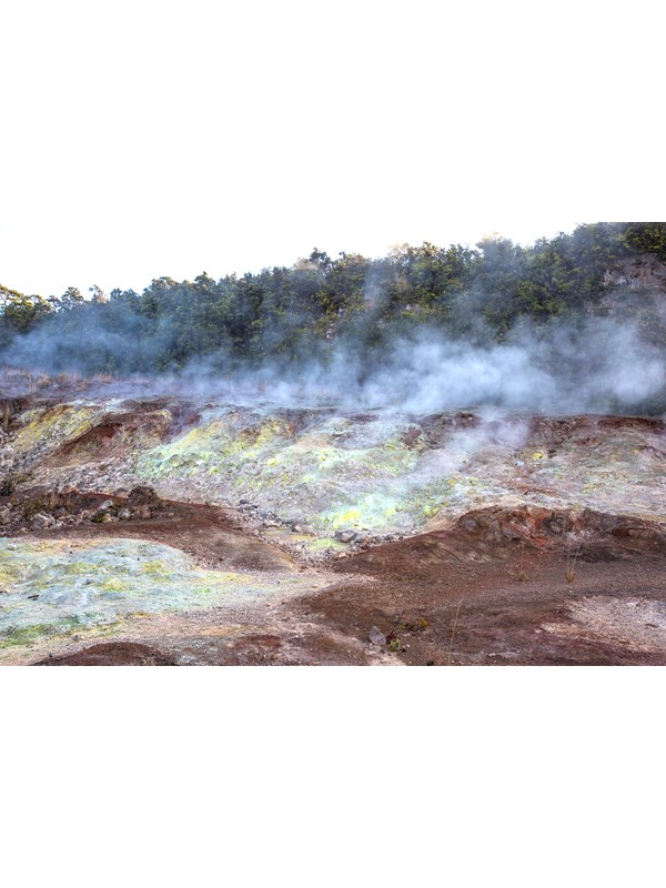 Steam rising from a colorful geothermal area