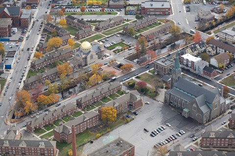 An aerial view of a historic neighborhood in Lowell, Massachusetts