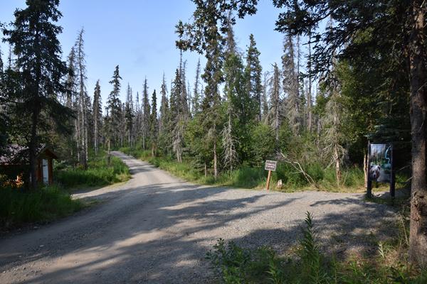 The view looking down a road with a small building to the left and a trailhead sign on the right