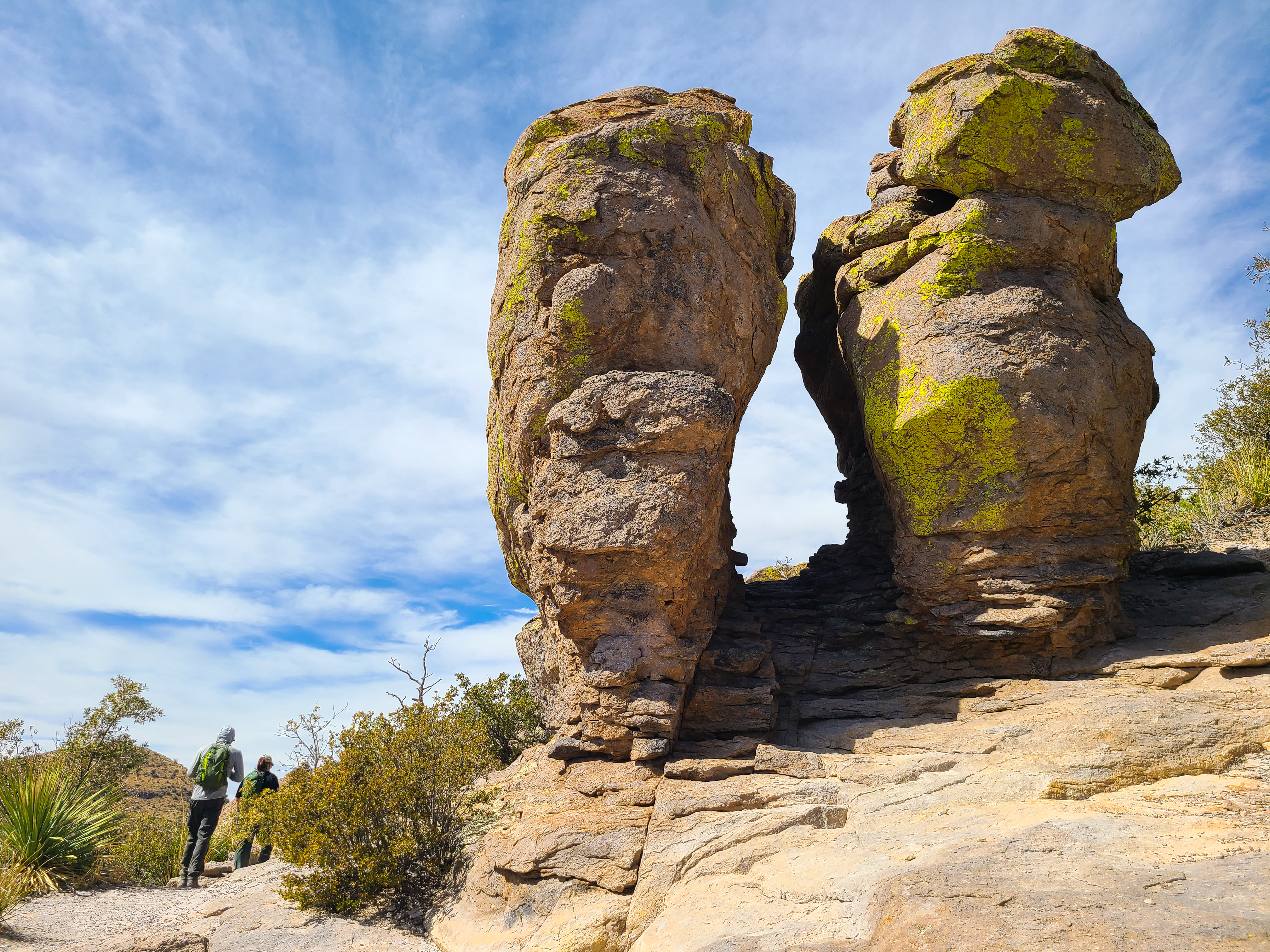 two large rocks stick up from the dry earth, with trees behind