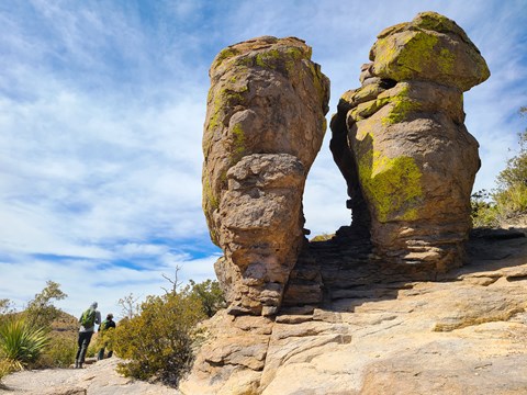 two large rocks stick up from the dry earth, with trees behind